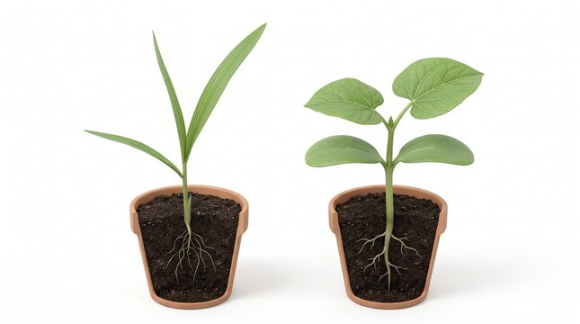 Monocot dicot plant comparison 3D illustration white background