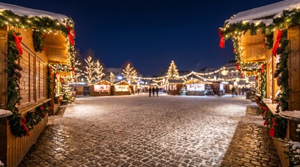 Obraz premium Christmas market square displays wooden stalls decorated with festive lights and pine garlands at dusk.