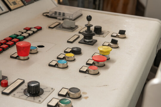 Cortina d'Ampezzo, Italy. Vintage control buttons and switches on the abandoned Son Forca&ndash;Forcella Staunies ski lift console