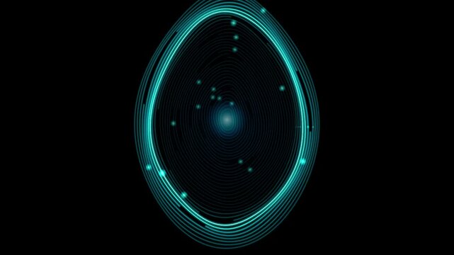 Abstract digital fingerprint pattern with glowing cyan light lines on black background, futuristic biometric security concept, technology data visualization