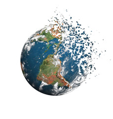 Earth with its surface beginning to shatter into numerous fragments against a transparent background © SN
