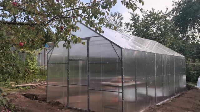 A greenhouse stands in a garden surrounded by trees and plants. The structure has clear panels and a metal frame. Sunlight shines on the scene.