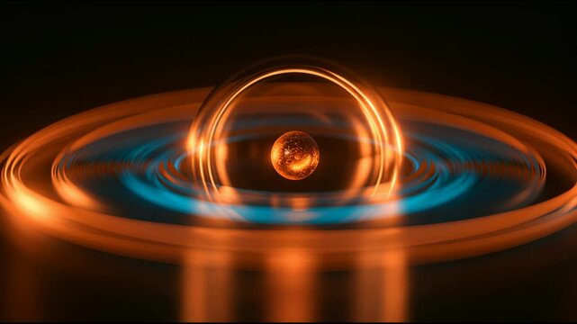 A liquid droplet impacts a surface, creating waves that ripple outward with colored light reflections. The shapes and patterns evolve over time.