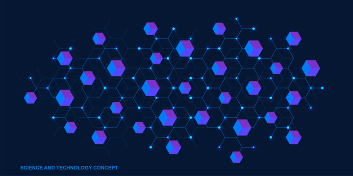 Colorful hexagon blockchain network on dark blue technology background