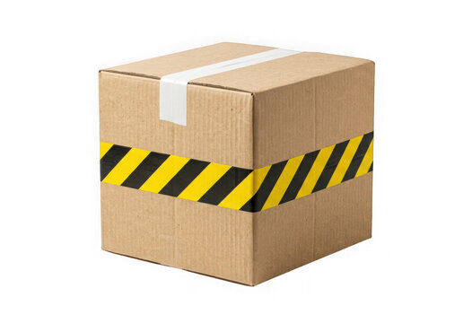 Cardboard shipping box with hazard warning tape isolated on transparent background