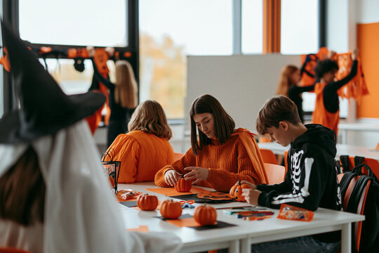 Halloween Arts and Crafts Activity with Teen Students in Classroom