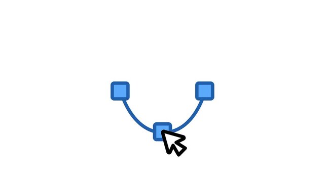 Flat outline icon showing a curved bezier vector path with two square anchor points and an arrow cursor used for editing smooth curves precisely well
