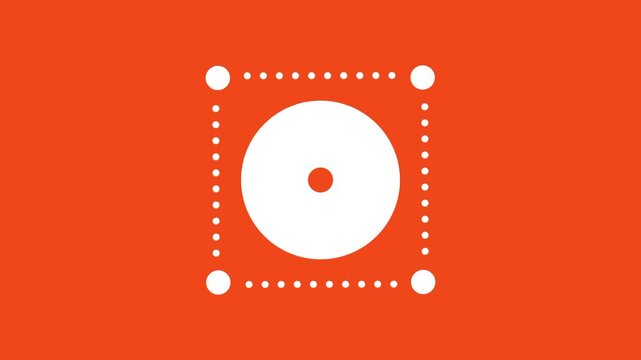 Flat outline icon showing a selection tool with dashed bounding box handles surrounding a circular target on a bright solid orange background box