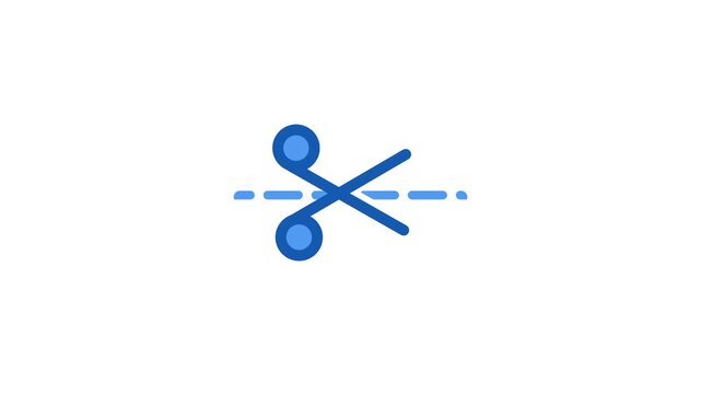Flat outline icon of an open pair of scissors beside a horizontal dashed line representing a crop or trim tool used in image editing software apps