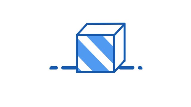 Flat outline icon showing one diagonally striped cube with dashed guide lines on each side representing a three dimensional box model shape design