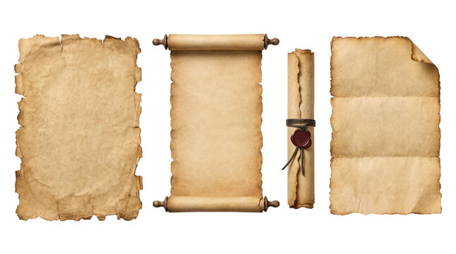 Antique parchment scrolls and aged paper sheets with rough edges isolated on transparent background