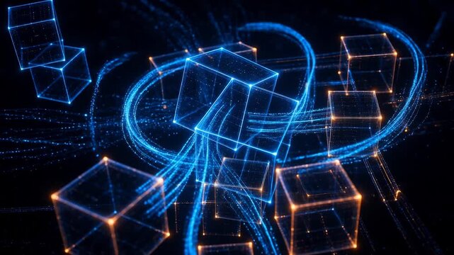 Dynamic Visualization Of Glowing Blue And Orange Cubes Interconnected With Light Trails In A Dark Background