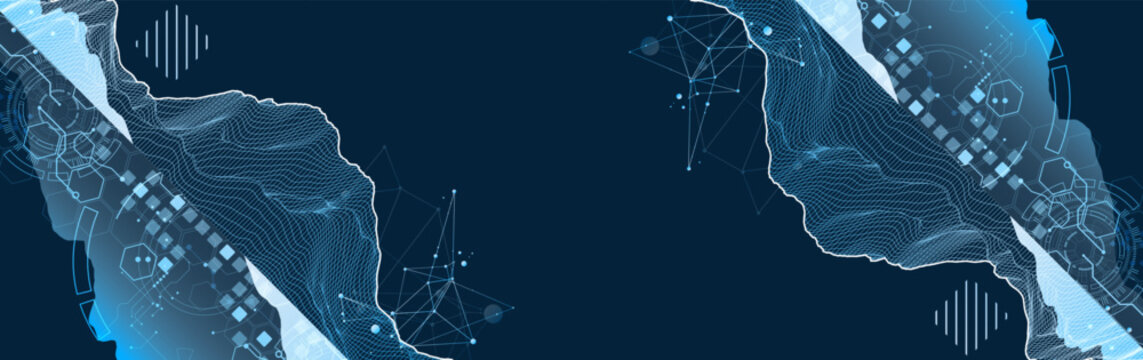 Digital wireframe mountain landscape with technology network and data grid