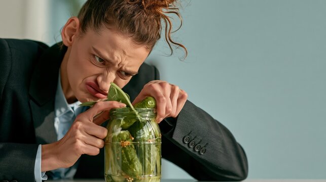 Funny businesswoman struggling to open a stubborn jar of pickles in a modern kitchen, scrunched face, humorous lifestyle photo with copy space on the right