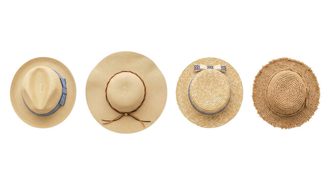 Four straw sun hats arranged in a row during bright daylight isolated on transparent background