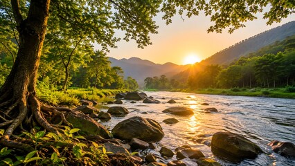Obraz premium Riverbank Tree and Mountain Sunrise