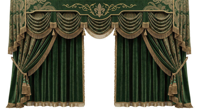 Ornate green velvet drapery with gold trim and fleur de lis accent isolated on transparent background