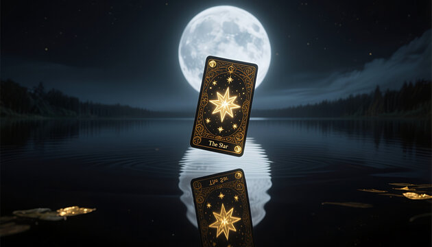 Tarot card floating on calm lake under full moon at night  