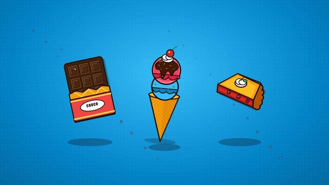 Cute Cartoon Desserts Chocolate Bar Ice Cream Cone and Cake Slice.