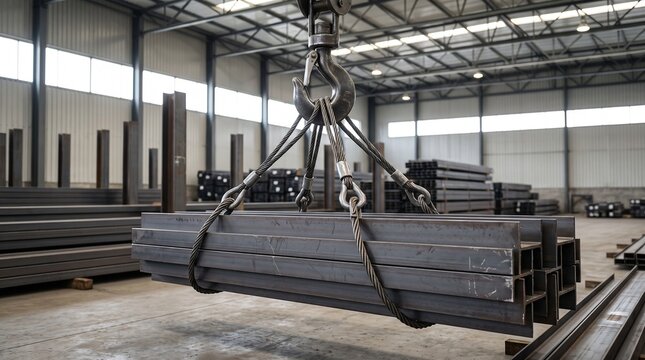Industrial Crane Hook and Slings Lifting Structural Steel Beams Inside Warehouse