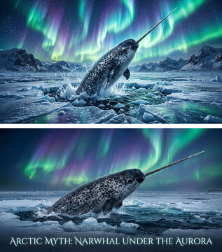 Arctic Myth: Narwhal under the Aurora
