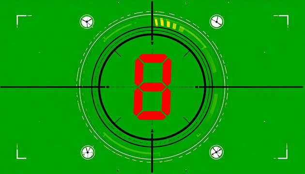 Digital Countdown Timer with Red Number 8 Displayed Inside a Futuristic Target Reticle on a Vibrant Green Background