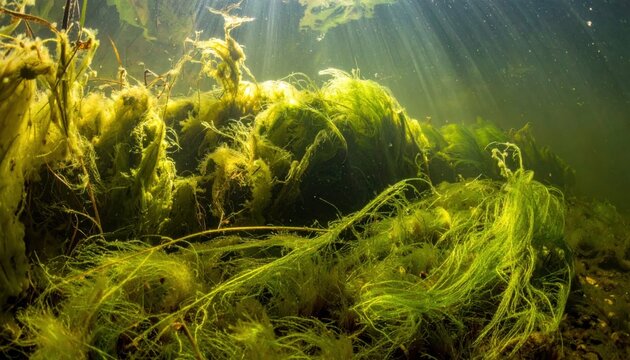 Vibrant underwater vegetation with sunlight rays piercing through clear water