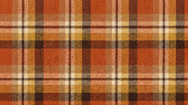 Realistic Autumn Tartan Plaid Woven Fabric Background Warm Orange and Brown Textile Texture