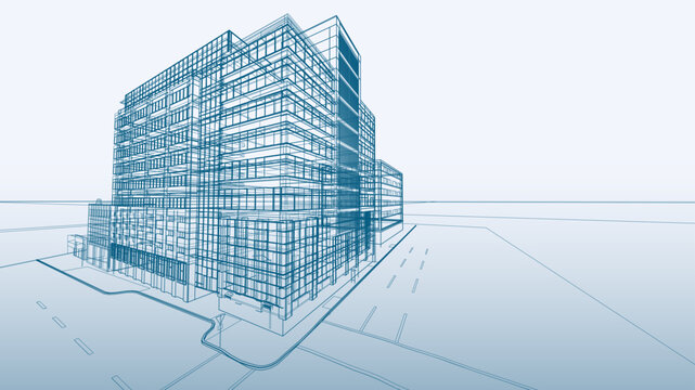 Modern Architectural Blueprint Wireframe of Office Building in Urban 3D Perspective for Design Planning