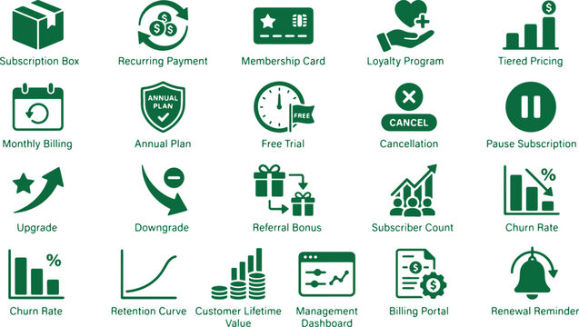 Subscription service icons in green, illustrating customer management and revenue models.