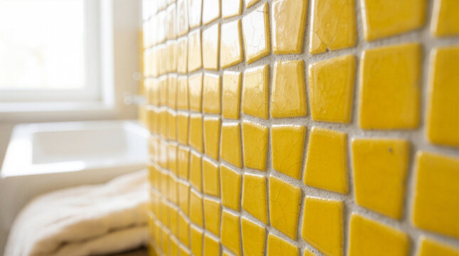 Close up of realistic small yellow ceramic mosaic tiles on a bathroom wall