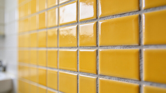 Close up of realistic small yellow ceramic mosaic tiles on a bathroom wall