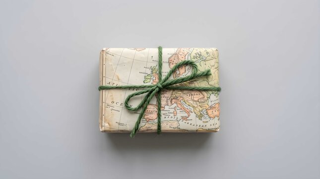 Vintage Travel Gift Box Wrapped in World Map Paper Tied with Green Rope Bow on Gray Background