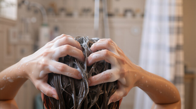 Washing hair with shampoo in shower. Back view of person massaging scalp with soapy foam