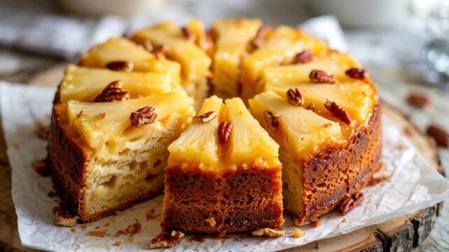 American cuisine. Pineapple Upside-Down Cake. A round, sliced pineapple upside-down cake, decorated with pineapple pieces and pecans on parchment.