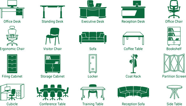 Office furniture icons green modern designs for workspace and interior decoration.