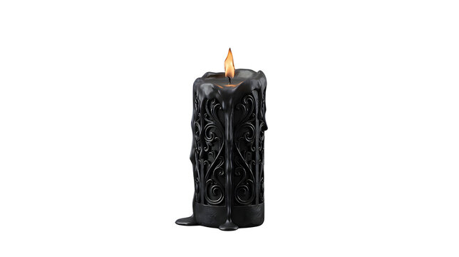Realistic 3D render of a black gothic candle with ornate decorative patterns and a burning flame, isolated on a black background. Dark and mysterious Halloween-themed object suitable for gothic, fanta