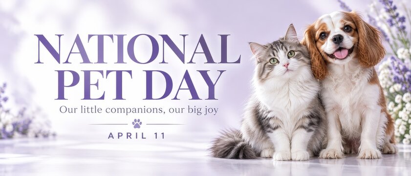 National Pet Day April 11 Banner with Cat and Dog on Lavender Background