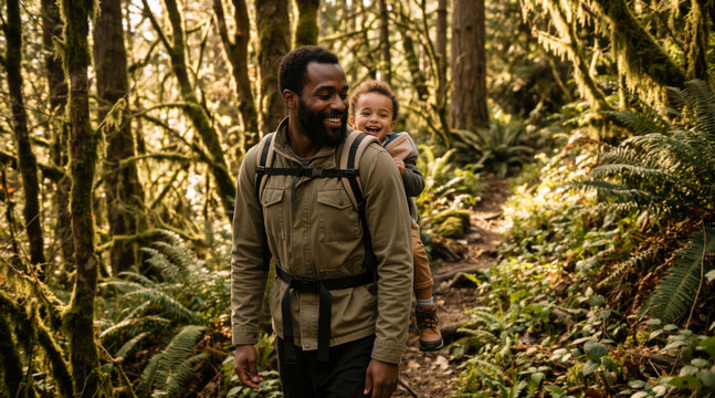 Black father carrying his son on a hike in a mossy forest. Happy family outdoor adventure. Active lifestyle and parenting concept