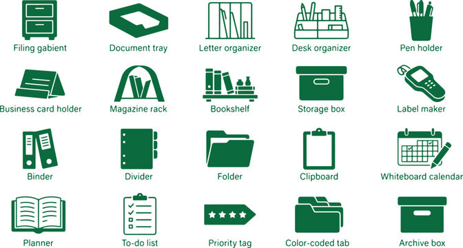 Office organization vector icons green flat symbols for desk sorting business filing and archiving.
