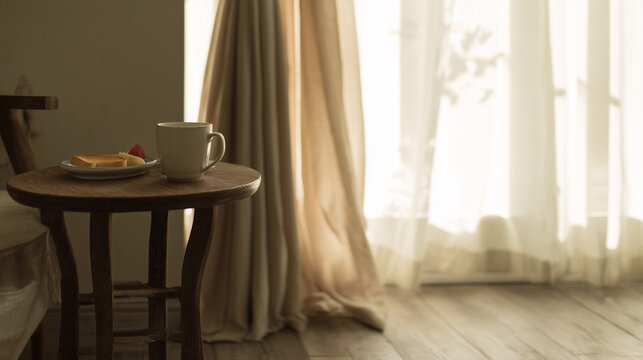 Warm morning interior with coffee and a simple breakfast on a wooden bedside table beside a bright window, creating a peaceful home and morning routine concept.