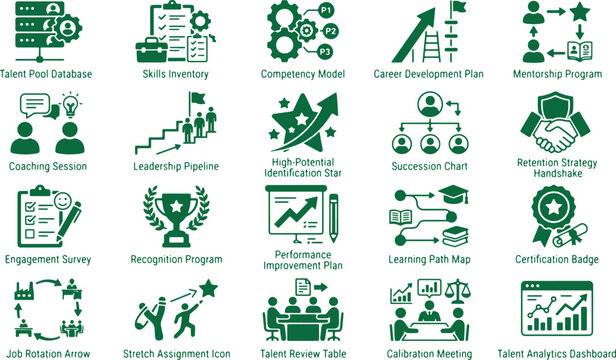 Green human resources and career development icons for professional growth opportunities.