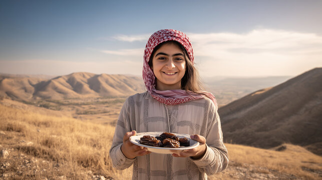 Smiling young girl presenting a plate of dates outdoors in a warm arid mountain landscape, suitable for concepts of hospitality, tradition, food and cultural celebration.