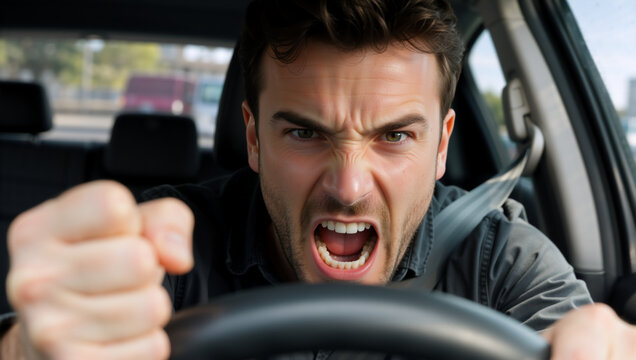 Angry man yelling and shaking his fist while driving a car. Furious male driver experiencing road rage in traffic. Aggressive driving and stress concept