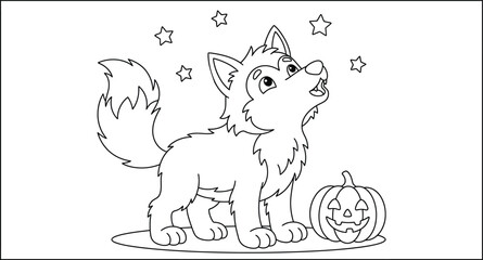 Fototapeta premium Cute Wolf Coloring Page for Kids with Jack-o-lantern Pumpkin and Stars, Vector Line Art Illustration