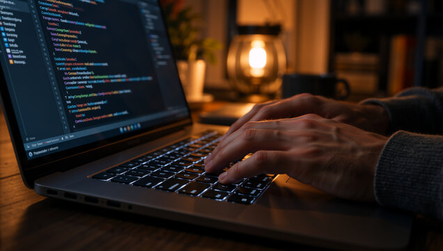 Hands typing on laptop keyboard with programming code on screen. Software developer working at night in dark room