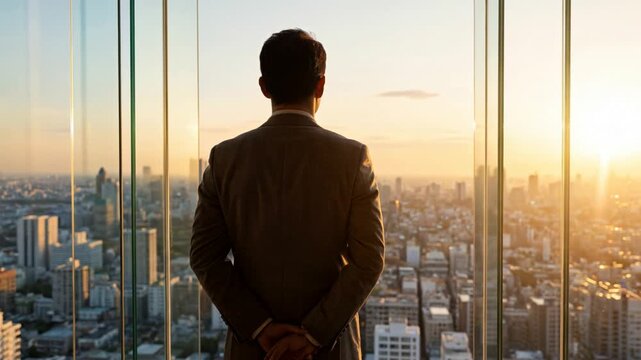 Businessman standing beside large glass window, gazing across city skyline, symbolizing clear vision, strategic thinking, long term perspective, ambitious leadership, and business successful, 4K video