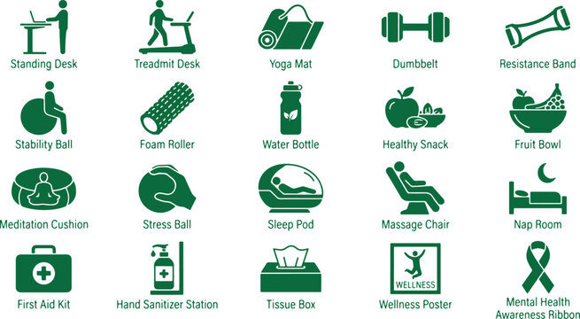 Health and wellness icons green collection for fitness activities self-care relaxation and healthy habits.