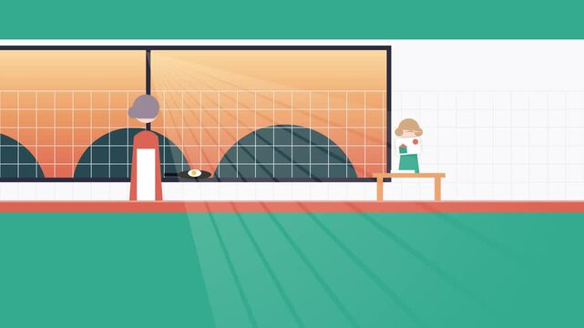 2D Minimalist Animation of a Chef Flipping an Egg in a Diner Kitchen with a Customer