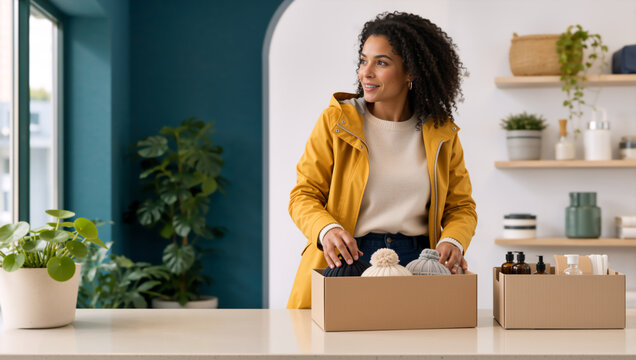 Smiling woman packing winter hats and toiletries into cardboard boxes. Female volunteer organizing donation packages at home
